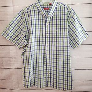 Izod Men's XXL Green Blue Plaid Cotton Blend Short Sleeve Button Down Shirt